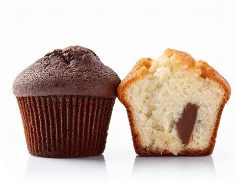 two halved muffins rich chocolate and light vanilla cake isolated on white background