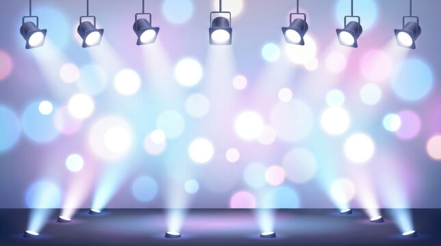 Stage spotlights illuminate a bokeh background with soft pastel colors