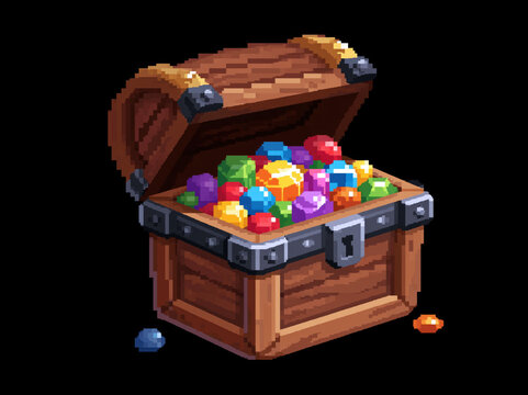 Pixel art treasure chest overflowing with colorful gemstones, hinting at adventure and wealth AI generative