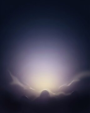 Mysterious glowing light emerging from a misty surreal landscape with abstract cloudy forms