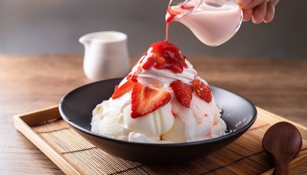 japanese shaved ice dessert hand pouring sweet strawberry sauce on ice cream served with strawberry kakigori bingsu topped with almond stick condensed milk traditional summer dessert in japan
