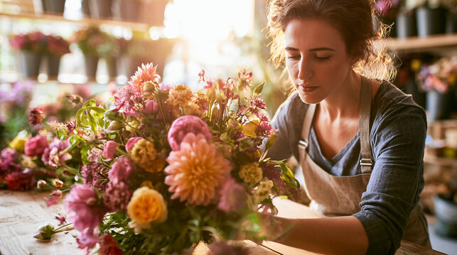 Young female florist arranging a beautiful bouquet of fresh flowers in a sunlit flower shop