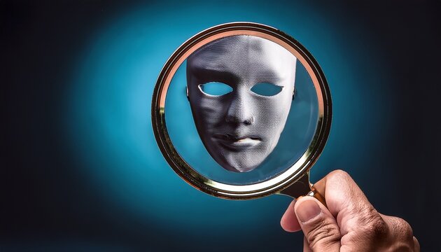 a hand holds a magnifying glass revealing a detailed face behind a half transparent mask symbolizing scrutiny identity and hidden truths