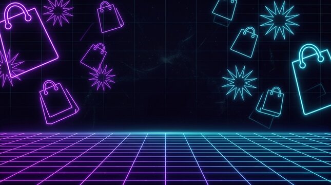Retro synthwave shopping background, neon glowing shopping bags on grid floor, futuristic retail sale banner with purple and blue lights