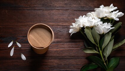 Fototapeta premium dark wood table coffee cup kraft paper white flowers