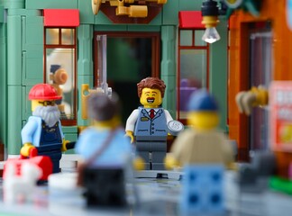 Fototapeta premium Tambov, Russian Federation - June 28, 2026 A smiling Lego man minifigure with a five value coin at the entrance of a store on a busy city street.