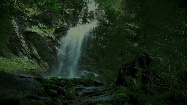 Lush green forest scene featuring a cascading waterfall flowing down rocky cliffs with vibrant vegetation and natural beauty