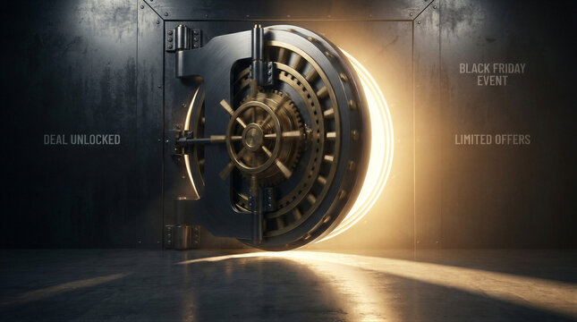 Open bank vault door with bright golden light shining from inside. Steel safe in dark room for Black Friday event promotion. Financial security and exclusive limited retail offer concept