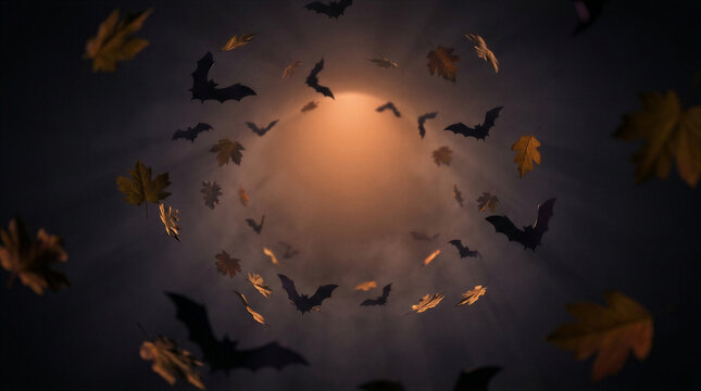 Flying bats and falling autumn leaves swirling around a central glowing light source. Dark spooky background with seasonal foliage for Halloween celebration and horror design theme
