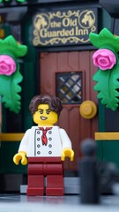 Fototapeta premium Tambov, Russian Federation - June 24, 2025 A close-up shot of a Lego innkeeper minifigure with a smirk standing outside 