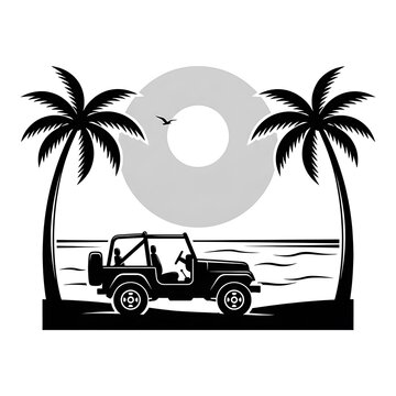 Off road jeep on beach under palm trees and full moon