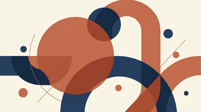 Abstract composition of geometric shapes with intersecting circles and curved lines in a modern minimalist style for creative design backgrounds