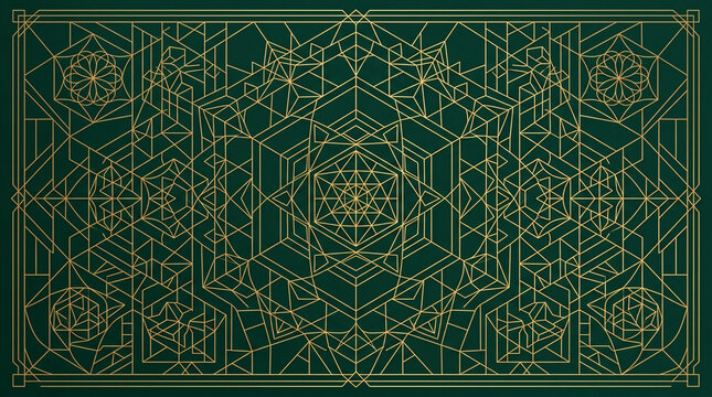 Intricate sacred geometry pattern with gold lines on dark green background, esoteric mystical tarot card back design, luxurious art deco ornament