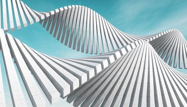 white concrete spiral structure, futuristic geometric design, parametric curve building, dynamic twisted sculpture, cyan sky 3d render