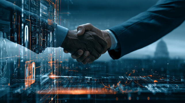 Business handshake between two professionals with digital interface overlays and a city skyline background representing global corporate partnership