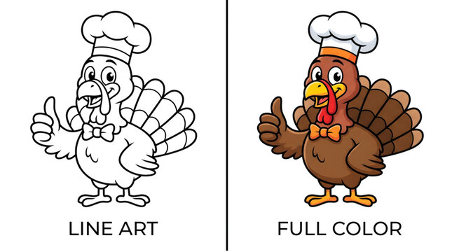 Cartoon turkey chef character giving a thumbs up isolated on transparent background