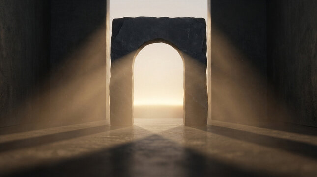 Stone archway with bright backlight creating long shadows on concrete floor. Architectural structure in dark minimalist room. Concept of mystery, passage, entry, portal or exit