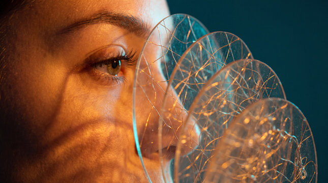 Close-up of a woman's eye behind translucent glowing glass discs