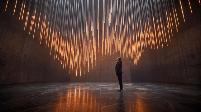 Silhouette of a woman gazing up at rows of glowing amber light rods