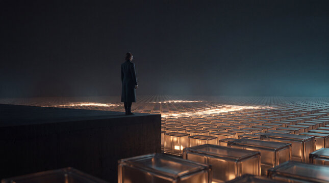 Lone figure overlooking a vast grid of glowing glass cubes at night