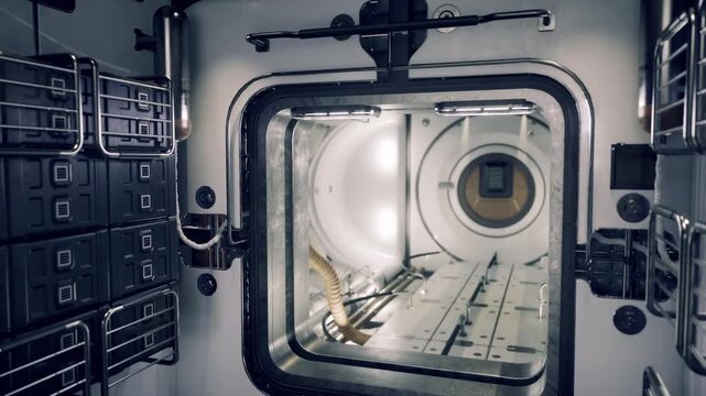 Space station airlock corridor showing open square hatch and service panels, dim cool lighting, exposed conduits and safety rails, maintenance access