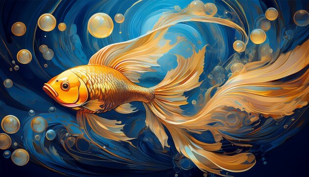 golden fish swimming in swirling blue water with bubbles