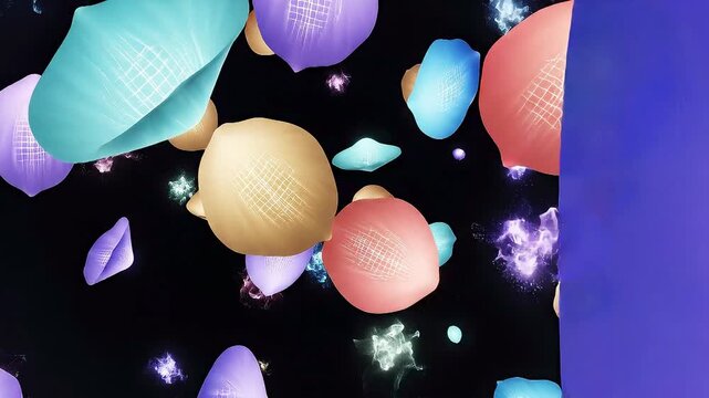 Floating shapes in a colorful background with changing patterns and designs in a dark space setting