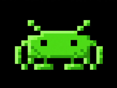 A pixelated green alien creature with antennas and four legs, reminiscent of vintage arcade games, set against a black background AI generative