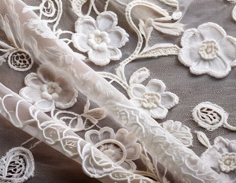 exquisite white lace fabric with intricate floral patterns for elegant designs