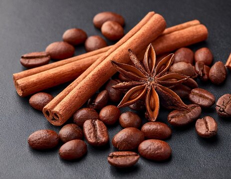 roasted coffee beans with cinnamon sticks and anise stars on black stone slate surface background