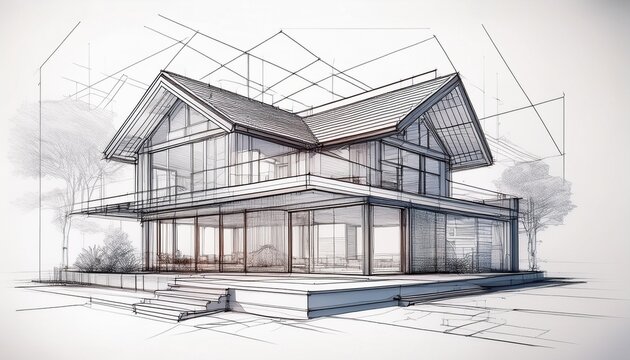 a wireframe sketch of a house with clear separation of visible and invisible line layers highlighting the architectural structure walls windows and roof in a minimalist design