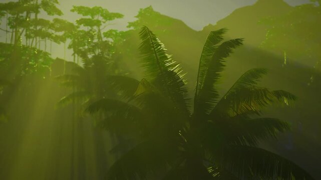 Backlit palm fronds with dense canopy, textured leaves catching filtered light, moist understory hinted by moss and droplets, intimate perspective emphasizing