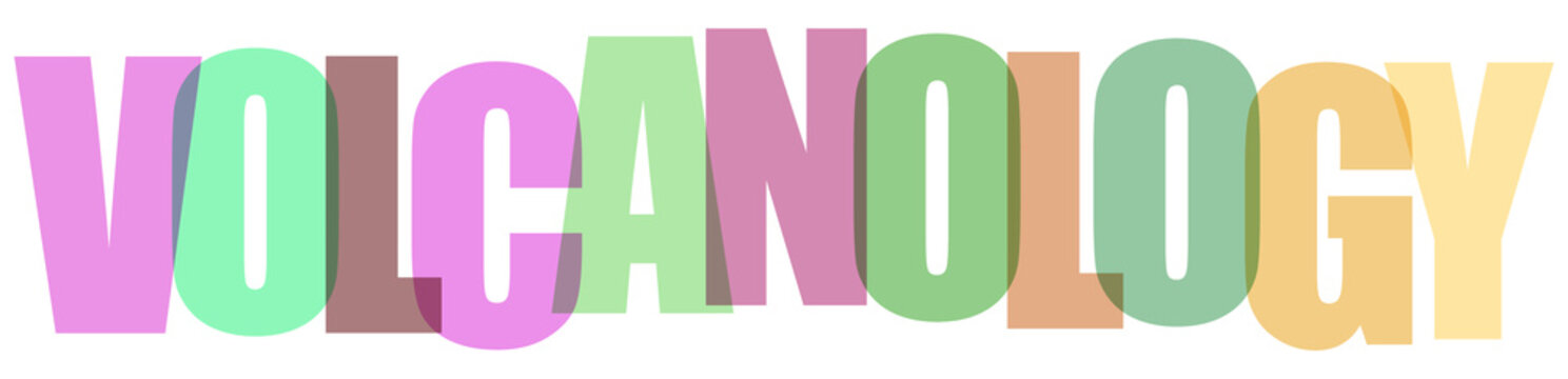 Volcanology word art, colorful pastel typography with gradient effect, artistic 3D lettering isolation on white background for design