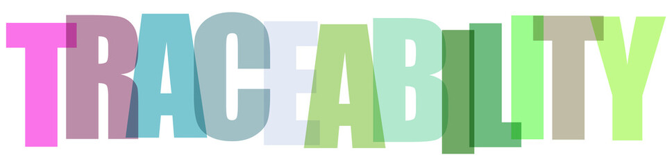 Traceability word art with multi-colored block letters, typography design, pastel green pink and blue font on white background, corporate concept, business identity © Asil