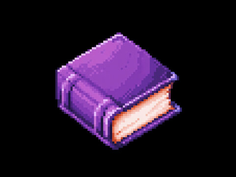 A vintage purple book with a textured cover and aged pages, rendered in a pixel art style, conveying a sense of history and knowledge AI generative