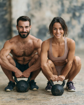 Strong couple smiles while holding kettlebells. They squat, ready to train. Background shows weathered stone walls. Fitness duo exudes confidence and energy. Perfect for gym, workout, or health themes