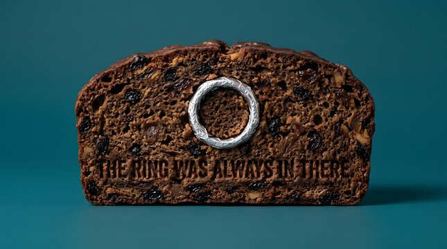 A silver ring embedded inside a slice of fruitcake, symbolizing hidden destiny, fortune, and inevitable truths waiting to be uncovered.