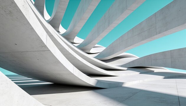 concrete curved building, futuristic structure, minimalist design, organic parametric wave, outdoor pavilion, blue sky background