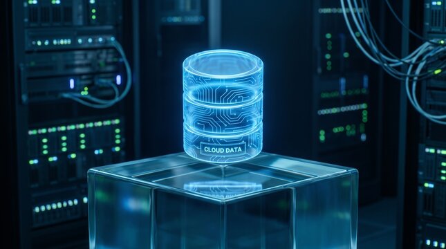 Glowing digital cloud data cylinder in a secure server rack environment