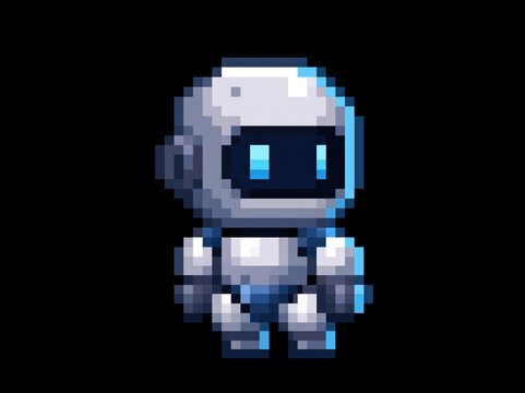 A cute, small pixel art robot with a white body and glowing blue eyes and screens. The robot is standing and has a friendly appearance AI generative
