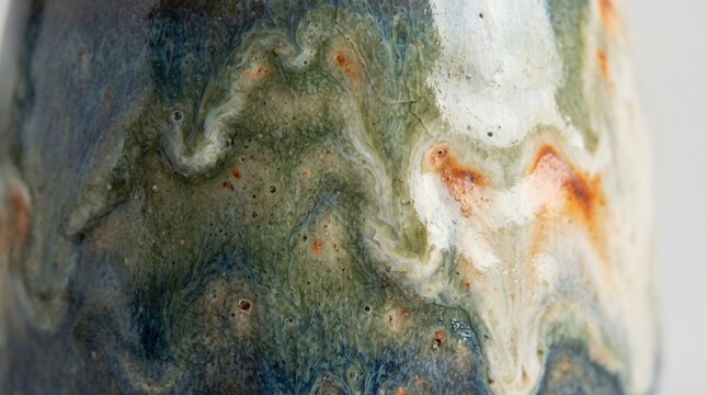 Macro close-up of swirling blue, green, and orange ceramic glaze