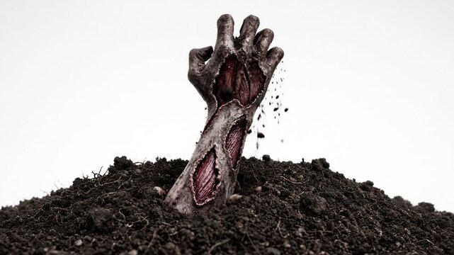 Terrifying Undead Zombie Hand Rising from a Mound of Dark Soil for Halloween Horror Theme