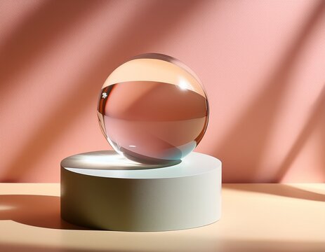 minimalist glass sphere podium on pastel background with soft sunlight shadows for display