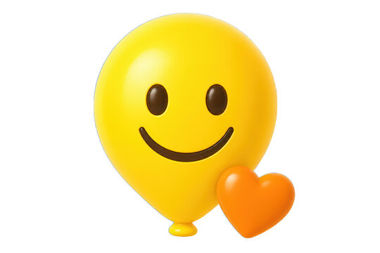 Glossy yellow smiling balloon holding orange heart