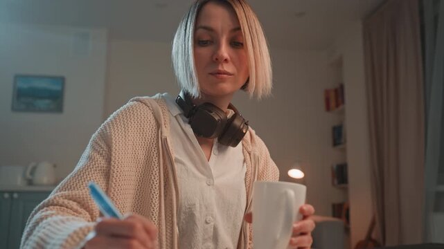 Music enthusiast composing lyrics quietly. Passionate music fan writes song words late at night peacefully. An engaged music lover pens lyrics while enjoying coffee and ambient lighting at night