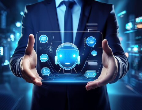 conversational ai dashboard operated by professional hands through a glowing holographic interface displaying intelligent chatbot interactions natural language responses and virtual assistant analytic