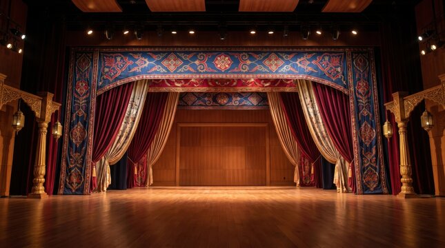 Empty theater stage with ornate blue and red curtains