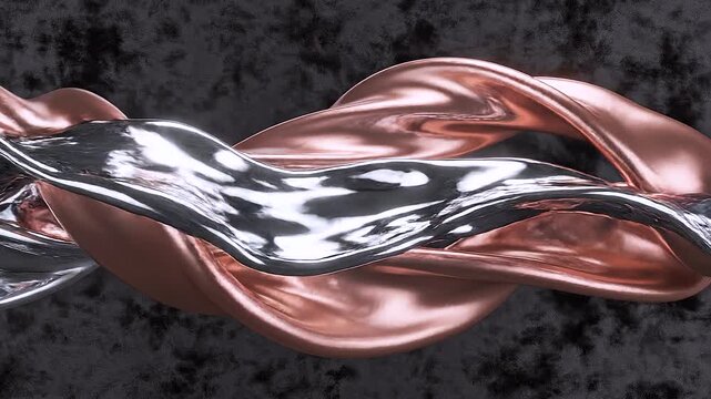 Cinematic 3D animation of metallic rose gold liquid waves flowing smoothly with reflective chrome ripples, representing abstract luxury textures, futuristic fluid dynamics, and modern aesthetic backgr