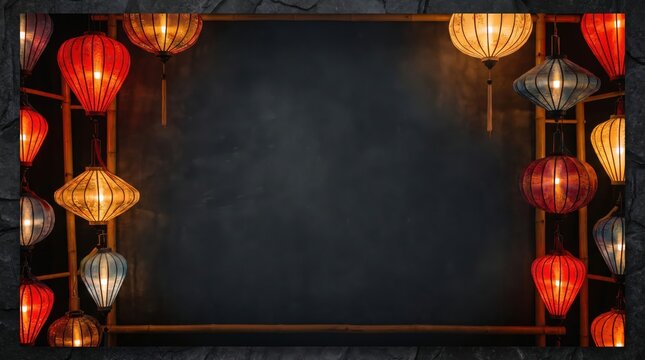 Traditional asian paper lanterns hanging on bamboo frame, dark background