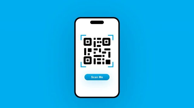 Smartphone with qr code and scan me button sliding across blue background for mobile marketing